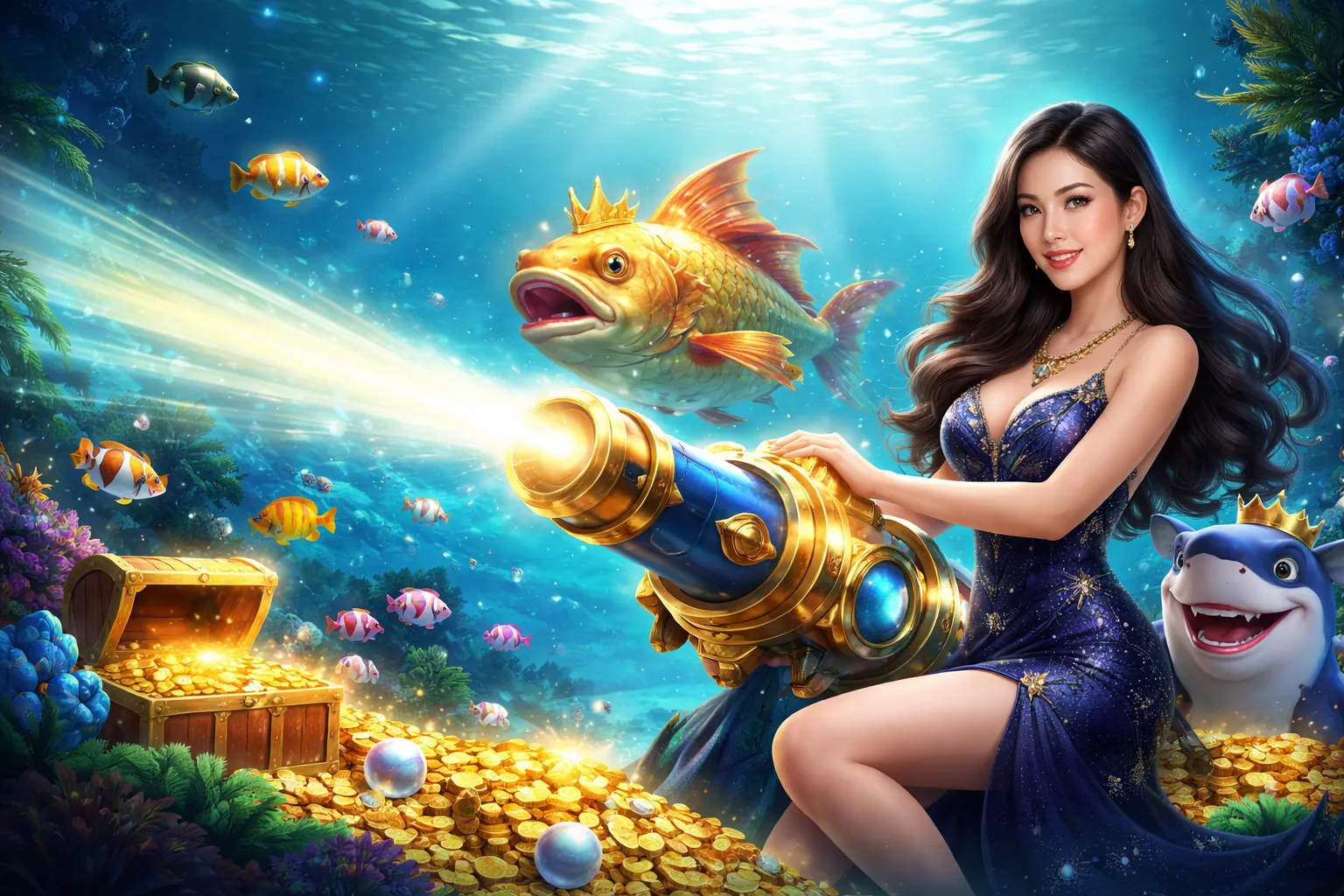 Hình ảnh đại dương sống động với cá đầy màu sắc và hiệu ứng tiền vàng lấp lánh tại mc88